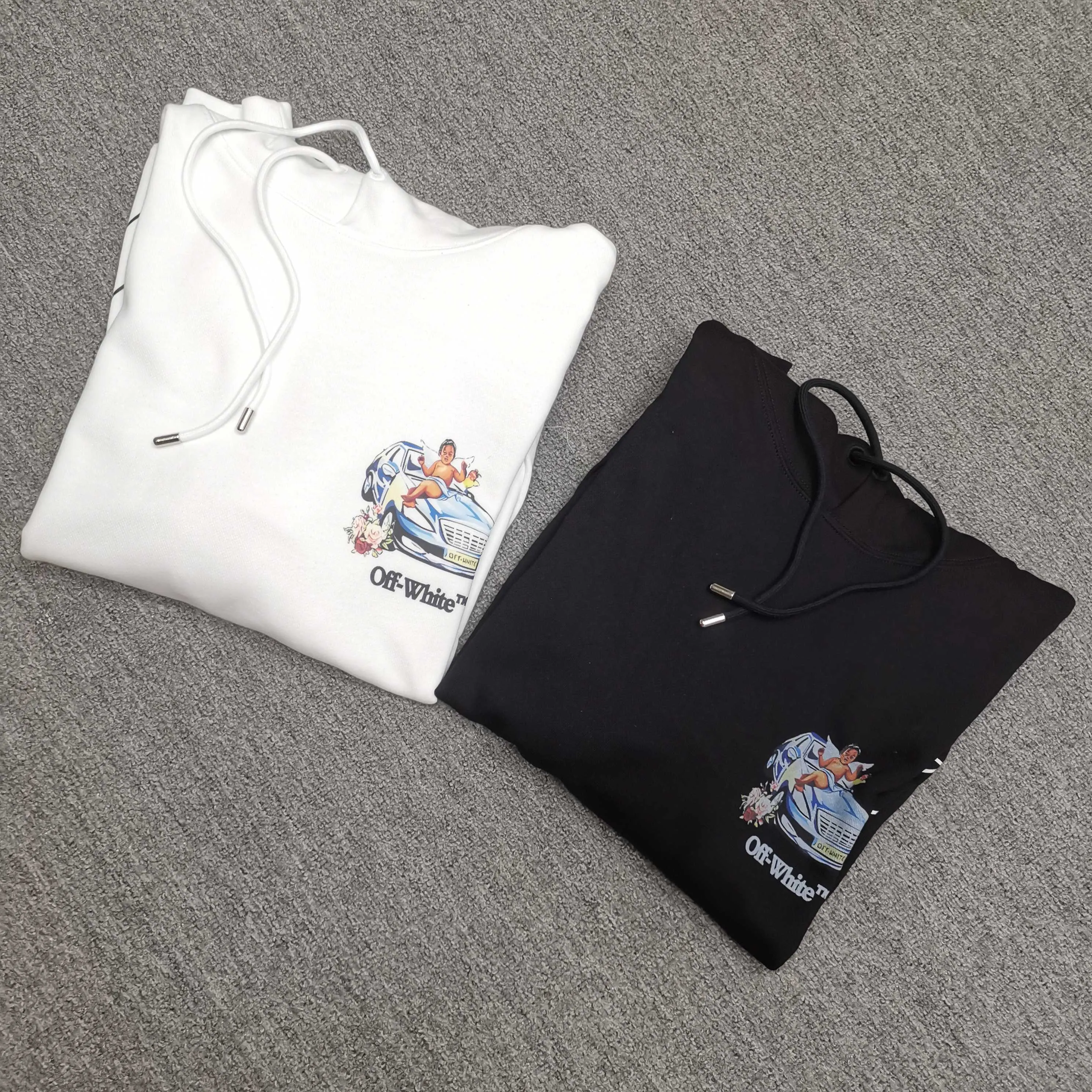 off white 25ss new portrait oil painting 460g washed hooded sweatshirt Color: Black White Size: S M L XL P410